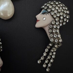 Porcelain Rhinestone Doll Face Brooches by Elvira & Jackie